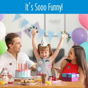 Family party scene showing kids wearing funny cartoon animal motivational stickers on fingers.