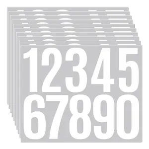 Stacked sheets of large waterproof vinyl number stickers 0-9 for mailbox in grey and white