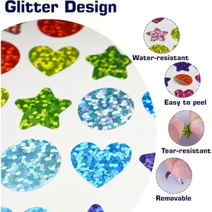 Close-up detail of holographic glitter stickers showing water-resistant and tear-resistant features