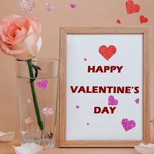 Close-up of glitter heart stickers applied on a wooden frame for Valentine's Day decor