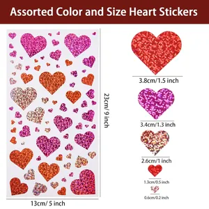 Detailed size guide for assorted color laser glitter heart stickers for gift decor