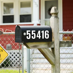 Large white vinyl numbers 55416 applied to a classic black residential mailbox.