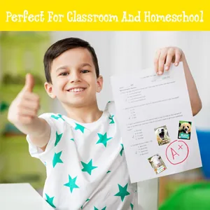Motivational animal stickers displayed on a school test paper for classroom reward