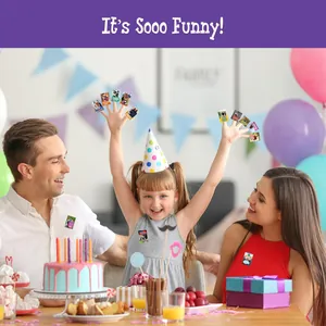 Happy family using cartoon animal motivational stickers at a birthday party scene