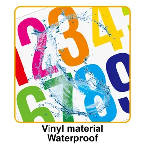 Detail showing the waterproof vinyl material of multi-colored large number stickers