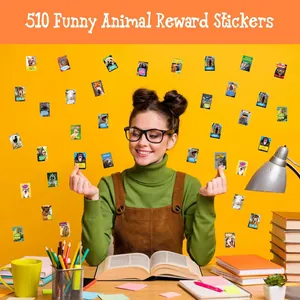 Set of 510 funny animal reward stickers displayed in a vibrant study scene for students.