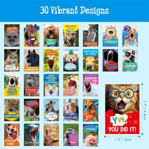 Set of 30 motivational cartoon animal stickers featuring vibrant designs and dimensions