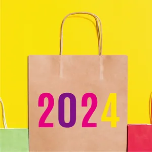 Macro detail view of large colorful vinyl number stickers spelling 2024 on a kraft bag