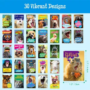 Set of 30 vibrant cartoon animal motivational stickers with precise size measurements