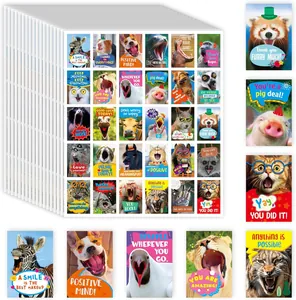 Close-up of vibrant inspirational animal stickers with motivational English quotes