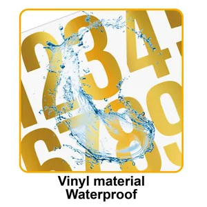 Macro detail of gold vinyl number stickers showcasing waterproof material property