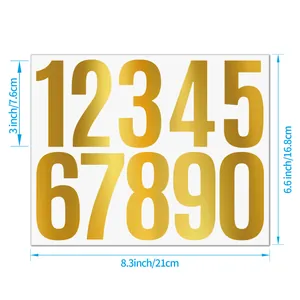 Detailed dimension view of 3-inch gold vinyl mailbox number stickers 0-9 sheet.