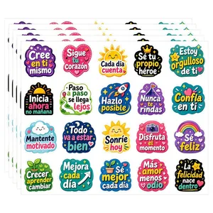 Colorful Spanish motivational stickers with cartoon designs for planners and rewards
