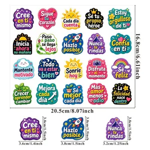 Spanish inspirational cartoon stickers sheet with colorful motivational quotes for planners