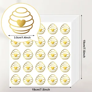 Detailed size guide for golden beehive heart sealing stickers on 19x19cm sheets.