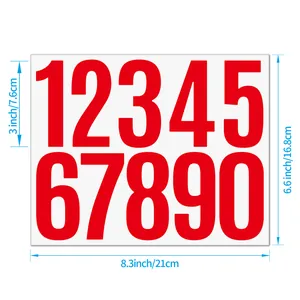 Close-up detail of 3-inch large red vinyl number stickers showing sheet dimensions