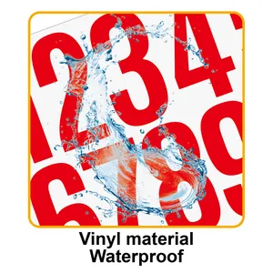 Detail of waterproof red vinyl number stickers showing water resistance property.