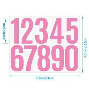 Detail view showing dimensions of pink vinyl number stickers for mailbox organization.