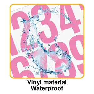 Close-up detail of waterproof pink vinyl number stickers with a realistic water splash