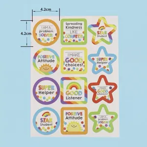 Detailed view of colorful motivational reward stickers featuring 4.2cm size markers