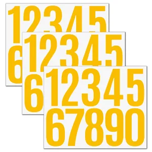 Detailed view of three sheets of yellow vinyl number stickers 0-9 for mailbox sorting