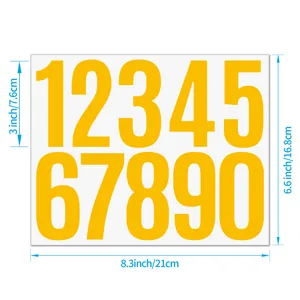Detailed dimension map of yellow vinyl number stickers for mailbox and classification