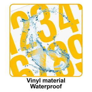 Detail view of waterproof yellow vinyl number stickers with splashing water effect