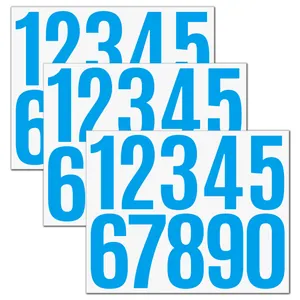 Close-up of large blue waterproof vinyl number stickers for mailbox and cargo sorting