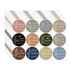 Detailed view of Spanish biblical verse stickers with floral line art in muted colors.