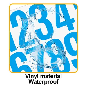 Detail showing waterproof vinyl material of blue number stickers with water splash effect
