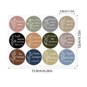 Set of 12 religious Spanish Bible verse stickers with floral designs and dimensions
