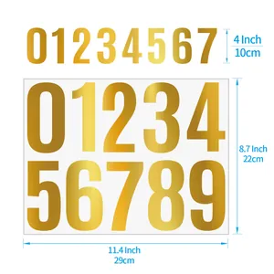 Dimensions detail of 4 inch gold vinyl number stickers for mailbox and organization