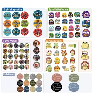 Motivational sticker set with English and Spanish quotes and cute animal characters