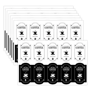 Detailed view of 10-piece black and white coffee house decorative stickers for packaging