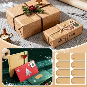 Macro view of craft paper To/From gift tags applied on Christmas gift boxes and cards