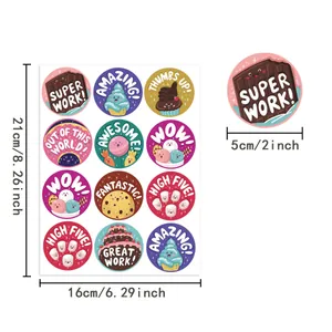 Detailed view of 12 colorful cartoon reward stickers with English motivational phrases
