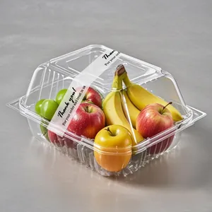 Detail of a transparent 'Thank you' sealing sticker on a plastic fruit container