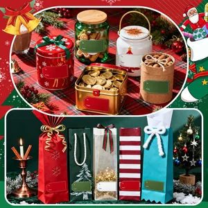 Detailed view of colorful Christmas To-From gift labels on various holiday packaging items.