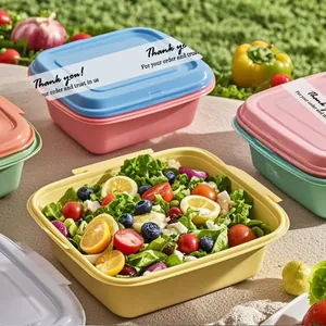 Adhesive thank you sealing stickers applied on colorful plastic meal prep bento boxes