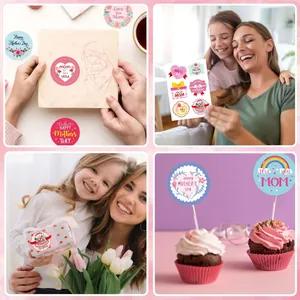 Collage mit floralen Happy Mother's Day Aufklebern auf Geschenkschachteln und Karten.