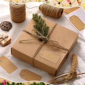 Detailed view of kraft paper gift labels with To and From fields on a gift box.