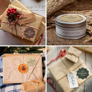 Detailed view of handmade for you stickers on rustic gift packaging