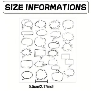 Detail view of various blank speech bubble stickers with 5.5cm size measurement