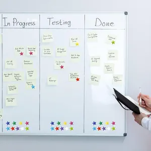 Colorful star stickers used on a white office board for project planning