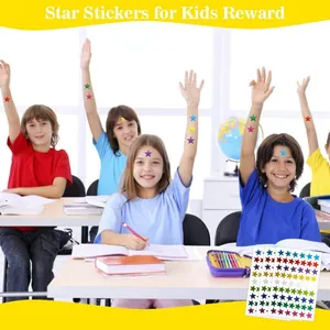 Close-up of star sticker sheet and children showing their rewards in a classroom