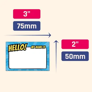 Dimensions of 3x2 inch comic style cartoon name stickers for writing