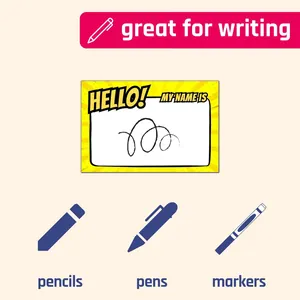 Detail of writable comic name tag sticker suitable for pencils, pens, and markers.
