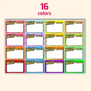 Detailed view of comic style name labels in 16 colors with blank spaces for writing