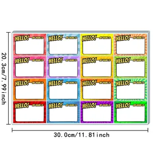 Detail view of 16 comic style name stickers with clear dimensions for easy labeling.