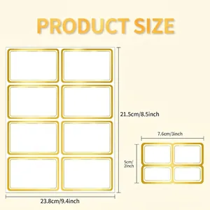 Detailed dimensions for 8-count gold-bordered blank writable name labels sheet